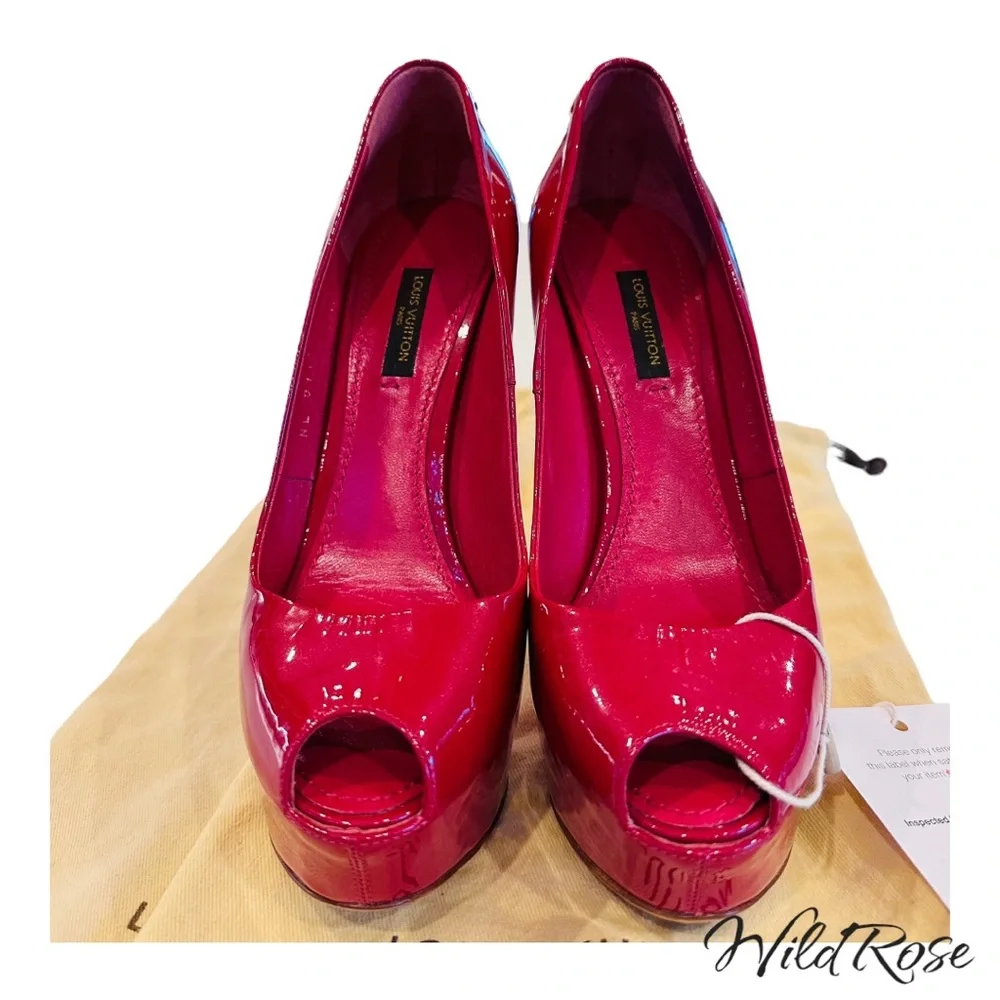 LOUIS VUITTON LV Gold Padlock Pink Patent “Oh Really” Platform Peep Toe Pumps 36 - Picture 5 of 16